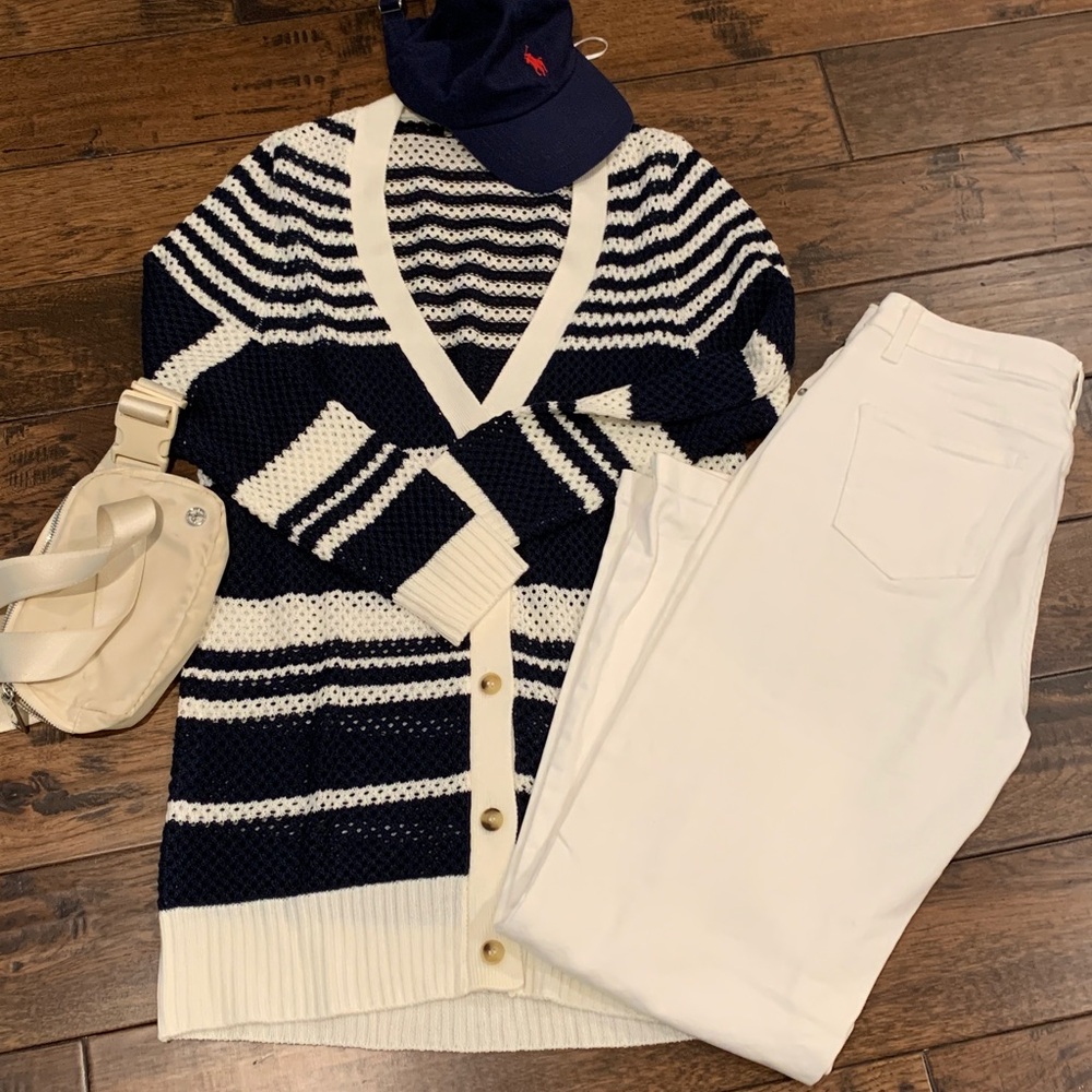 Charlie Paige Navy and White Striped Open-Knit Cardigan